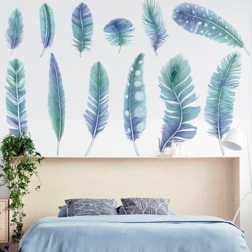 Nordic style Blue Feather Wall Stickers Bedroom Kids room Living room Wall Decals Eco-friendly Vinyl Art DIY Home Decor
