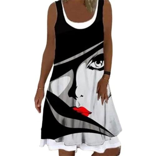 2021 Fashion New Women Loose Dress Face Oil Painting Printing Sleeveless Fake Two-piece Leisure Dress Daily Wear Loose Sundress