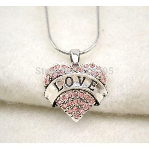 Rhodium plated love crystal heart pendant necklace with snake chain