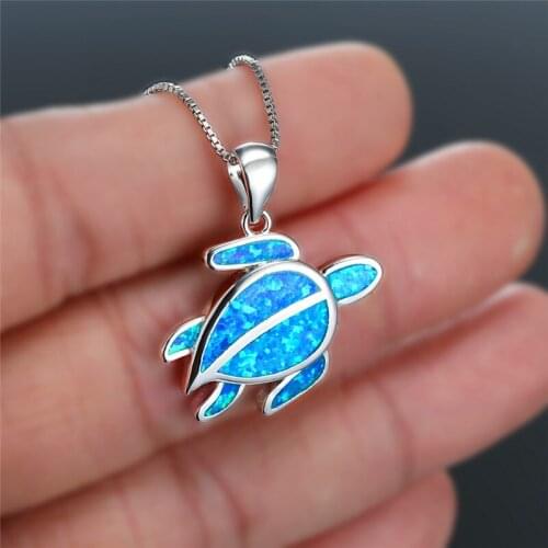 Dainty Animal Small Turtle Pendant Necklace Female White Blue Opal Wedding Necklace Charm Silver Color Chain Necklaces For Women