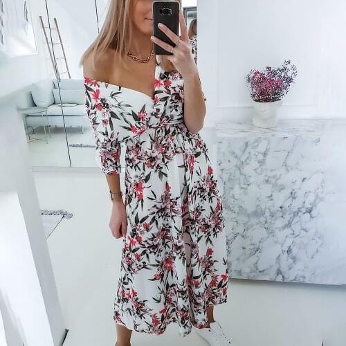 Woman Summer Casual Short Sleeve Floral Print Midi Dress V-neck Lace Up Long Dresses Women 2021 White Vintage Loose Robe Femme