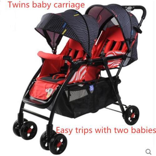 Twin baby trolley can be used as a reclining, foldable, portable two-fetus trolley and a double-handed trolley