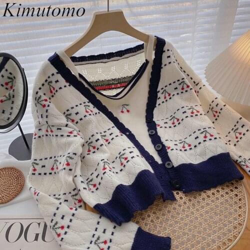 Kimutomo Korea Retro Fashion Two Piece Set Women Autumn Long Sleeve Jacquard Knit Cardigans Thin Slim Short Sling Suit Femme