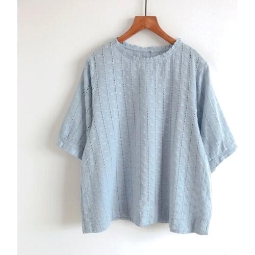 2020 New Summer Women Cotton Blouse Mori Girl Embroidery Loose Solid Color O-Neck Short Sleeve Shirt Women