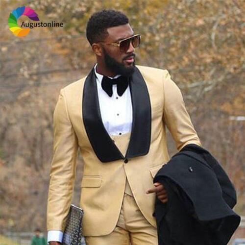 Gold Mens Wedding Suits Black Shawl Lapel 3 Pieces Jacket Pants Vest Custom Made Best Man Blazers Suit Slim Fit Groom Tuxedos