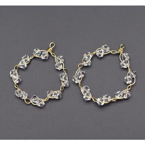 10pcs Gold Round Circle Beaded Charms 32mm, Twisted Wired Crystal Glass Beads Pendants, Dangle Earring Components (GB-555)