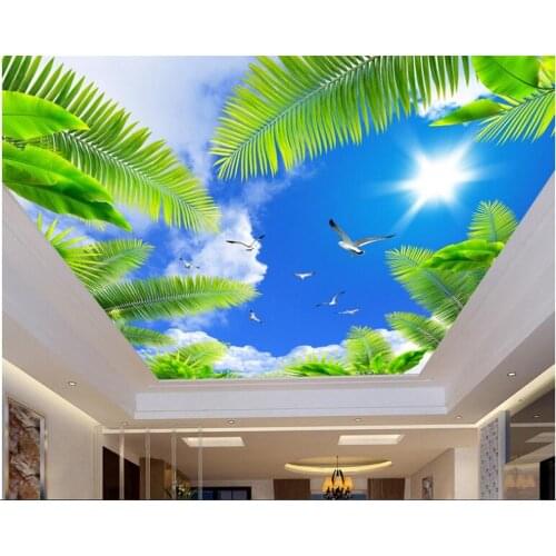 Beibehang 3d wallpaper Fashion beautiful wall paper blue sky sunshine ceiling ceiling frescoes palm seabirds papel de parede