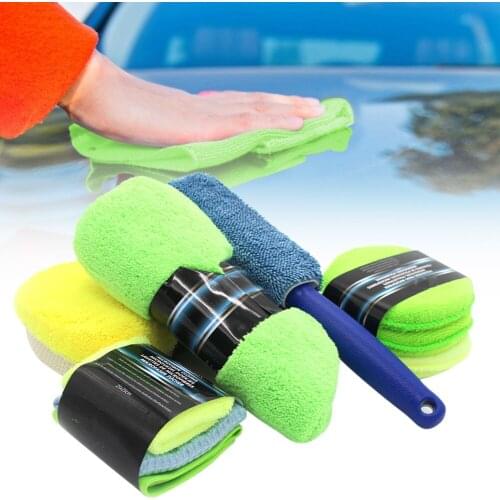 9Pcs Car Cleaning Kit Microfiber Car Wash Towel Super Absorbent Cloth Detailing Waxing Pads Tire Brush Cleaning Sponge