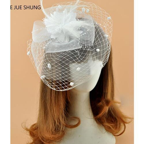 E JUE SHUNG Free Shipping White Black Red Birdcage Net Wedding Hats Bridal Fascinator Face Veils Feather Flower with Hairpin