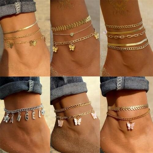 VKME Fashion Gold Multilayer Chain Anklets Set For Women Butterfly Letter Anklet Leg Chains Ankle Bracelets Beach Foot Jewelry
