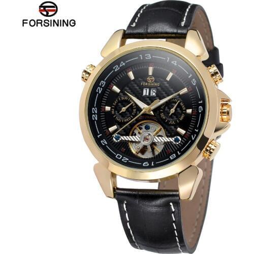 FORSINING Mens High End Automatic Tourbillon Transparent Crystal Dial Complete Calendar Watch with Genuine Leather FSG057M3