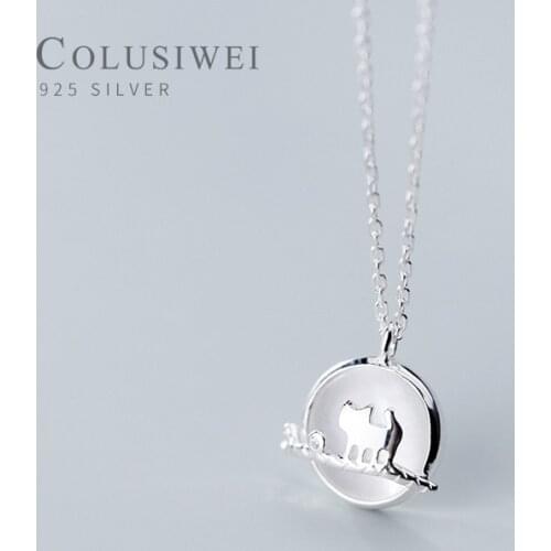 Colusiwei Trendy 925 Sterling Silver White Opal Round Cute Cat Pendant Necklace for Women Charm Animal Necklace Fine Jewelry