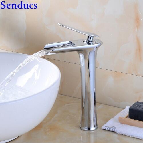 Senducs Chrome Bathroom Waterfall Faucet Single Lever Brass Bathroom Basin Sink Faucet Quality Brass Bath Waterfall Faucet