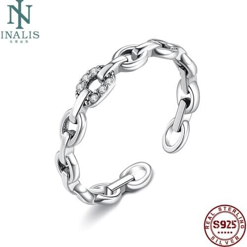 INALIS 925 Sterling Silver Opening Geometric Chain Ring For Women Cubic Zirconia Female Finger Rings Wedding Statement Jewelry