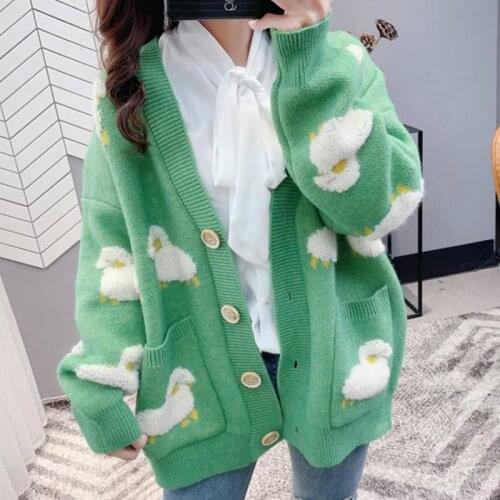 One-Piece Autumn And Winter New Knitted Women Cardigan Loose Street Knit Sweater Coat Cute Cartoon Printing V-Neck Knitted