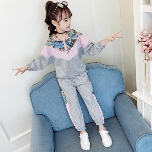 Hot Sale Girls Fall Active Clothing Set Childrens Printing Spliced Sports Suit Kids Spring Hooded Coat + Trousers 2 Pcs B395