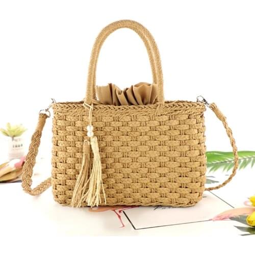 2021 Fashion Women Summer Straw Tassel Bags Handmade Drawstring Beach Bags Raffia Rattan Woven Handbags Vacation Shopping Bags