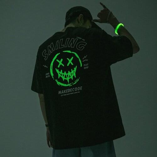 Mens 2021 new trendy brand luminous printing short-sleeved T-shirt men and women couple smiling face T-shirt