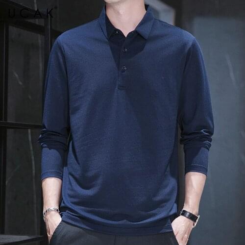 UCAK Brand Silk T-Shirt Men Clothes High Quality Spring Autumn Tops Classic Turn-down Collar Long Sleeves Tee Shirt Homme U5332