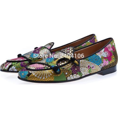 Drop Shipping Zapatos Floral Embroidery Fashion Breathable Cotton Shoes Man Round Toe Monk Straps Casual Flats Colorful Loafers
