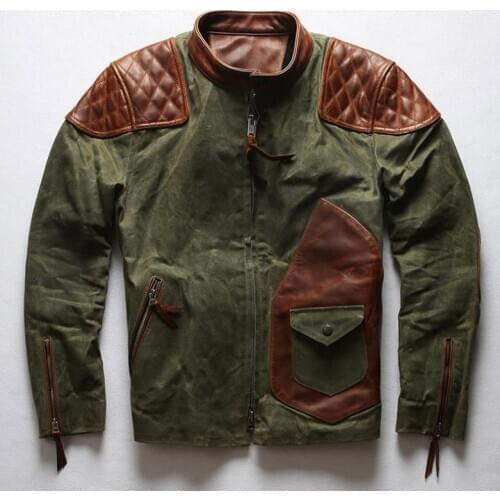 Mens Motocycle Jackets Casual Canvas Cow Real Leather Zipper Stand Collar Moto Biker Coat Autumn Winter Army green