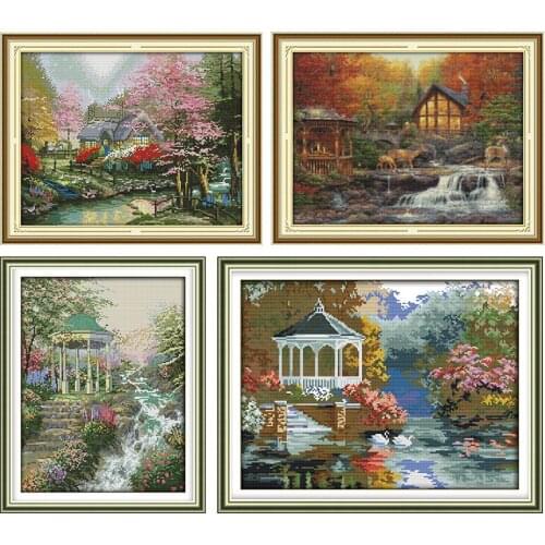 Needlework Embroidery The Stream Side Cottage Cross Stitch Kits Stamped Patterns Counted 11CT 14CT Printing Handmade Decor Gifts