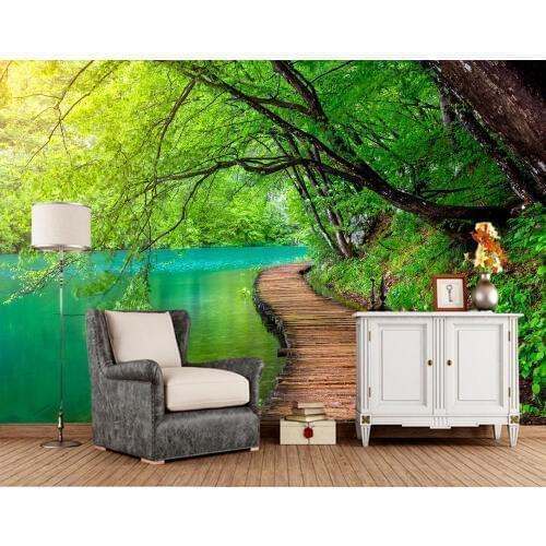 Papel de parede Green forest stream clear lake water 3d wallpaper mural,living room sofa TV wall bedroom wall papers home decor