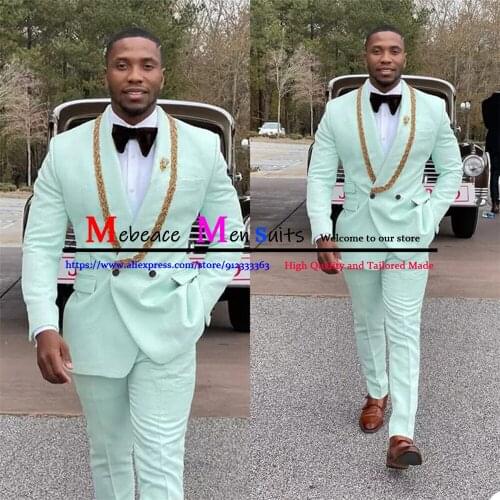 2021 Latest Coat Pant Designs Mint Green Men Suit Slim Fit 2 Piece Stylish Tuxedo Custom Groom Suits Prom Blazer Terno Masculino