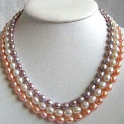 7-8mm 3 Rows Multi-Color Genuine Pink White Purple Pearl Clasp Necklace 18-20" W