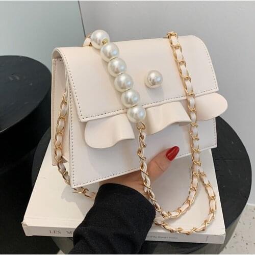 High-quality Simple Hand Bag 2021 New Pearl Chain One-shoulder Handbags Fashion Lotus Leaf Cross-body Student Small Square Bag