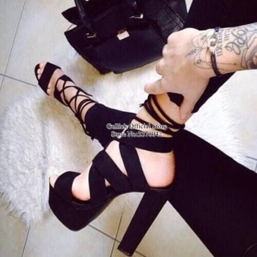 Sexy Ankle Wrap Lace-up Chunky Heels Sandals Peep Toe High Platform Cross Strap Gladiator Sandals Dress Shoes Drop Ship