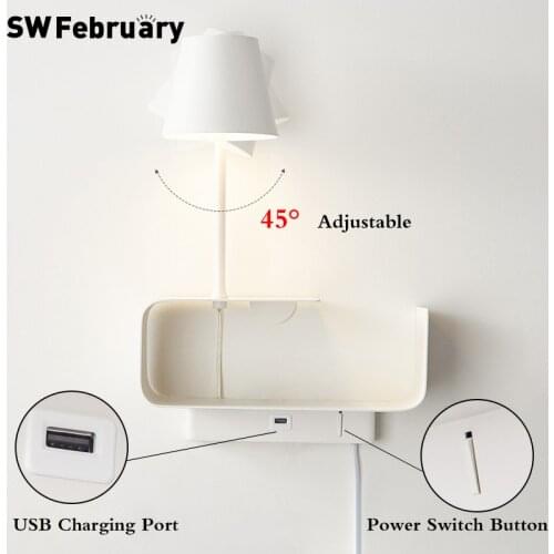 SWFebruary LED Wall Lamp Nordic Modern Bedroom Wall Lamp Bedside Light Creative Shelf Open Wire With Switch USB Charging