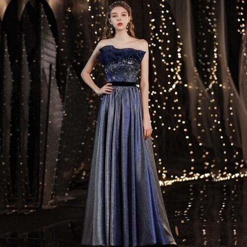 Evening Dress Sequins Lace Up A-Line Strapless Beads Elegant Foor-Length Empire Sleeveless New Woman Formal Party Gowns A1463