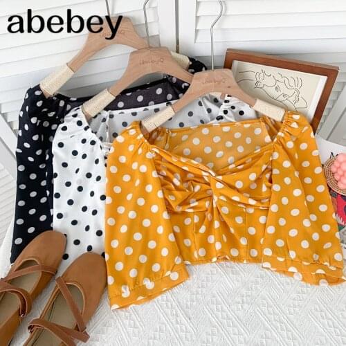 Fashion Square collar puff sleeve Shirt cross pleated polka dot print high waist short Shirt Top 2021 New Summer Women