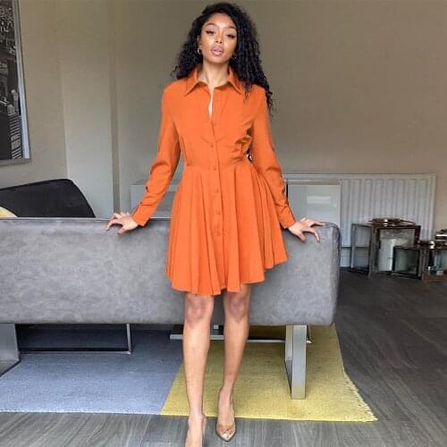 Office Lady Womens Blouse and Shirt Dress Chic Turn Down Collar Full Sleeve Pleated Dresses Simple Single-breasted Midi Dress