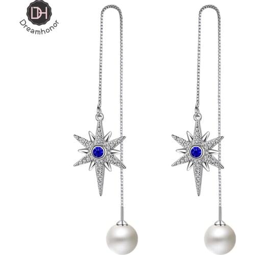 Dreamhonor 2021 Trendy Fashion Pearl Hexagram Earrings for Women 925 Sterling Silver Long Drop Earring Jewelry