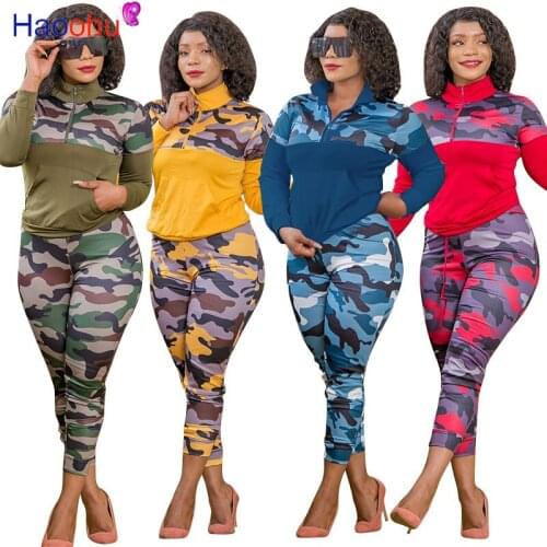 Camouflage Spliced Plus Size Two-pieces Suit Feminine Clothes Stand Collar Long Sleeve Pullover+sportswear Jogger Sweatpant Set