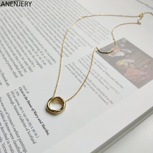 ANENJERY 925 Sterling Silver Personality Irregular Circle Gold Color Necklace Geometric Clavicle Chain Necklace For Women S-N533