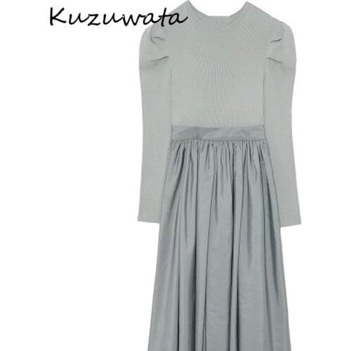 Kuzuwata Puff Sleeve Knit Patchwork Women Dress Japan Style High Waist Big Swing Dresses 2021 Spring New Elegant O Neck Vestidos