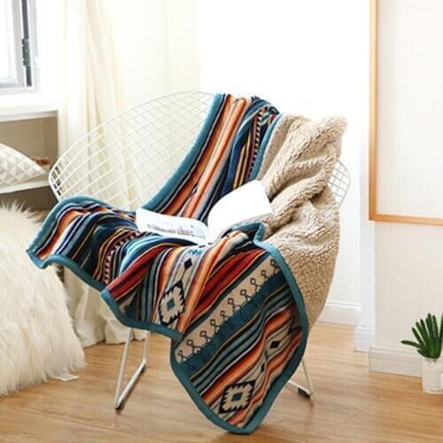 Winter Double Layer Flannel Faux Fleece Bohemian Colorful Stripes Throw Blanket