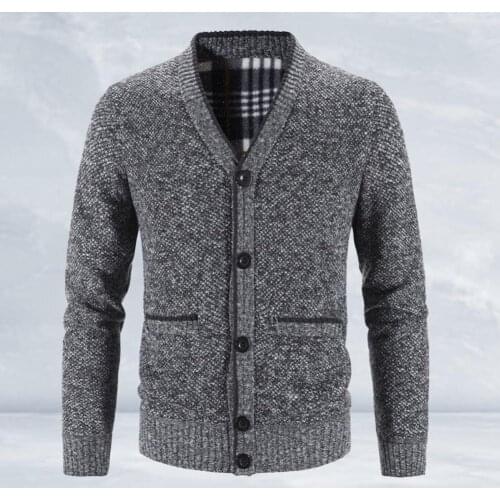 Winter Men Knitted Coat Solid Color V Neck Autumn Winter Thicken Plush Warm Single-breasted Cardigan Sweater Jackets for Winter