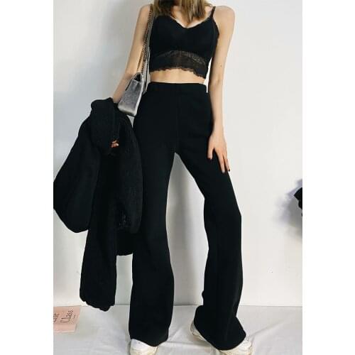 Winter Add Velvet Warm Flare Pants For Women 2021 Fashion Casual High Elastic Waist Black Gray Long Trousers Bottoms