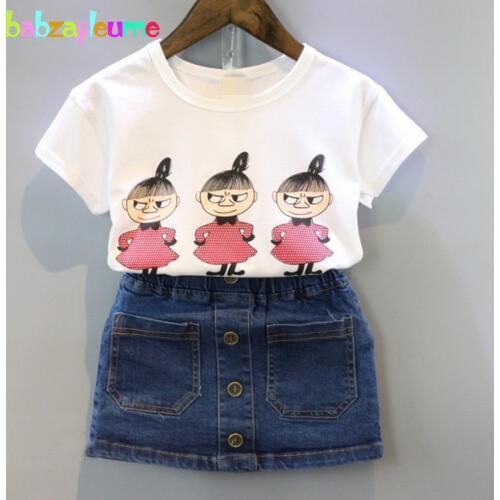 2PCS/2-6Years/Summer Kids Clothes For Baby Girls Suit Cartoon Cute White T-shirt+Denim Skirt Korean Children Clothing Set BC1222