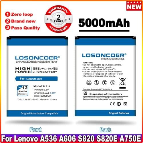 LOSONCOER 5000mAh BL210 Battery For Lenovo A606 S820 S820E A750E A770E A656 A766 A658T S650 A536 BL 210 BL-210 A828T Battery