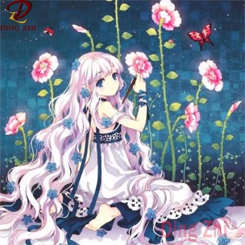 Anime Flower Girl Pattern Diamond Painting DIY Round Resin Rhinestones Full Square Embroidery Mosaic Cartoon Cross Stitch Decor
