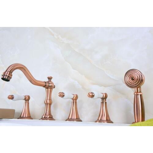 Antique Red Copper Brass Deck 5 Holes Bathtub Mixer Faucet Handheld Shower Widespread Bathroom Faucet Set Basin Water Tap atf212