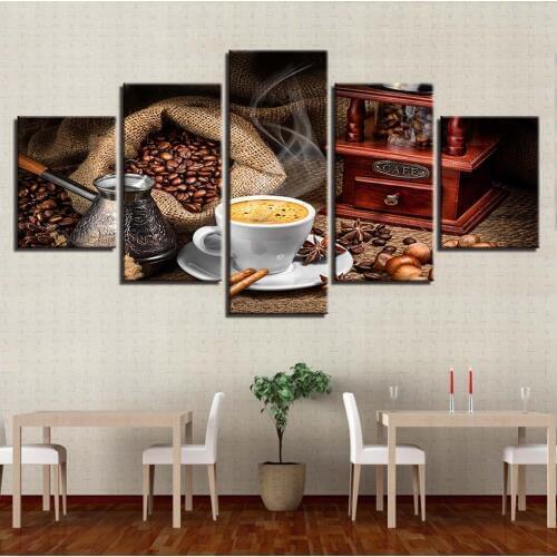 Canvas Painting Wall Art Picture Frame 5 Pieces food Coffee beans HD Print Coffee shop restaurant Kitchen Poster Home decoration