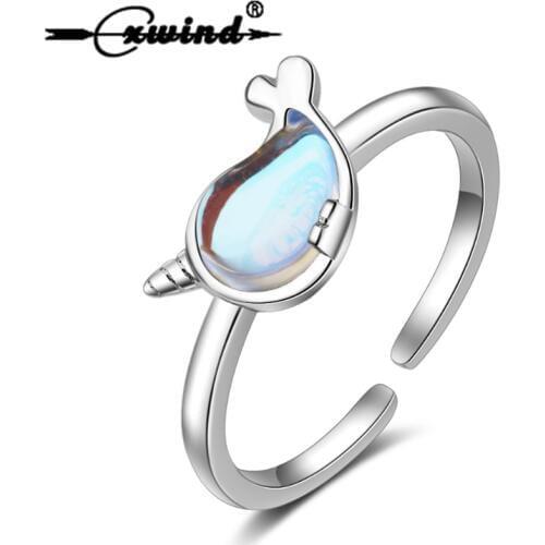 Cxwind Cute Animal Whale Rings Wrap Adjustable Size Chic Artificial Moonstone Rings for Women Finger Party Wholesale Anillos