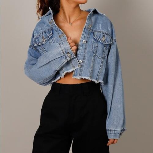 Autumn Women Denim Cropped Jacket Female Pockets Hole Short Jean Jackets Ladies 2020 New Fashion Button Casual Solid Coats