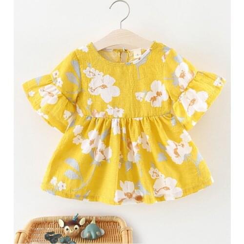 Summer Casual Children Baby Girls Floral Print Dress Cotton Kids Flare Sleeve Dresses Sundress Fashion Outfits